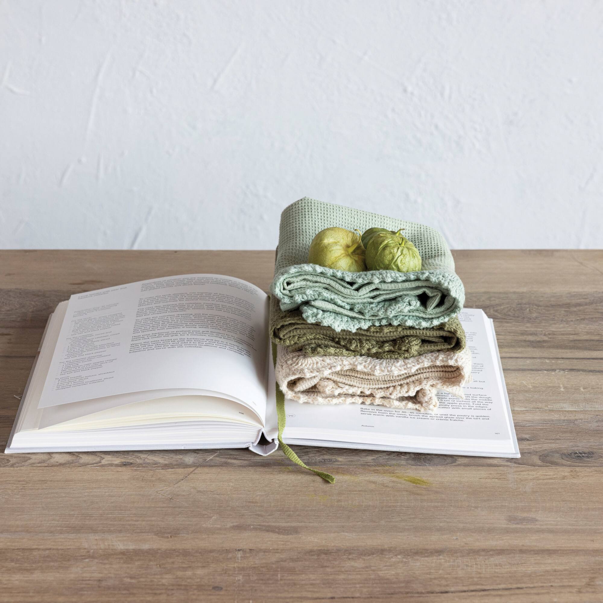 Hello Honey® Waffle Cotton Tea Towel Set with Crochet Lace, 3ct.